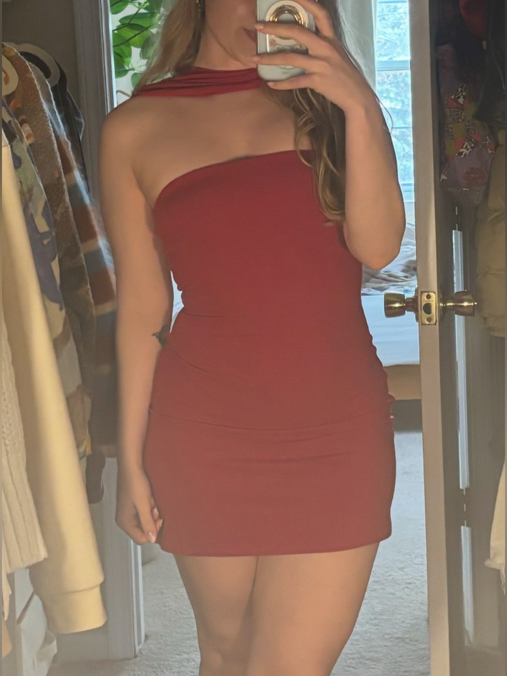 Red Square-Neck Mini Dress